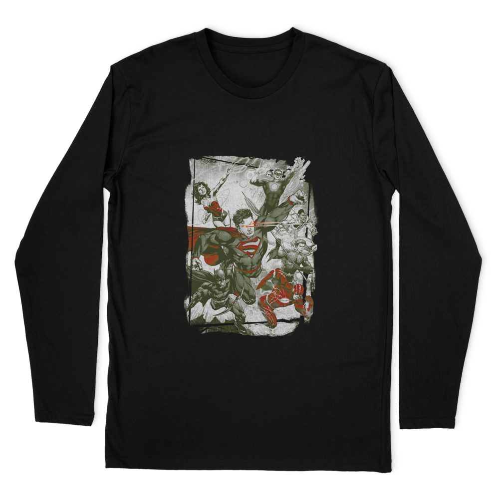 JUSTICE LEAGUE GREEN AND RED LONG SLEEVE T-SHIRT