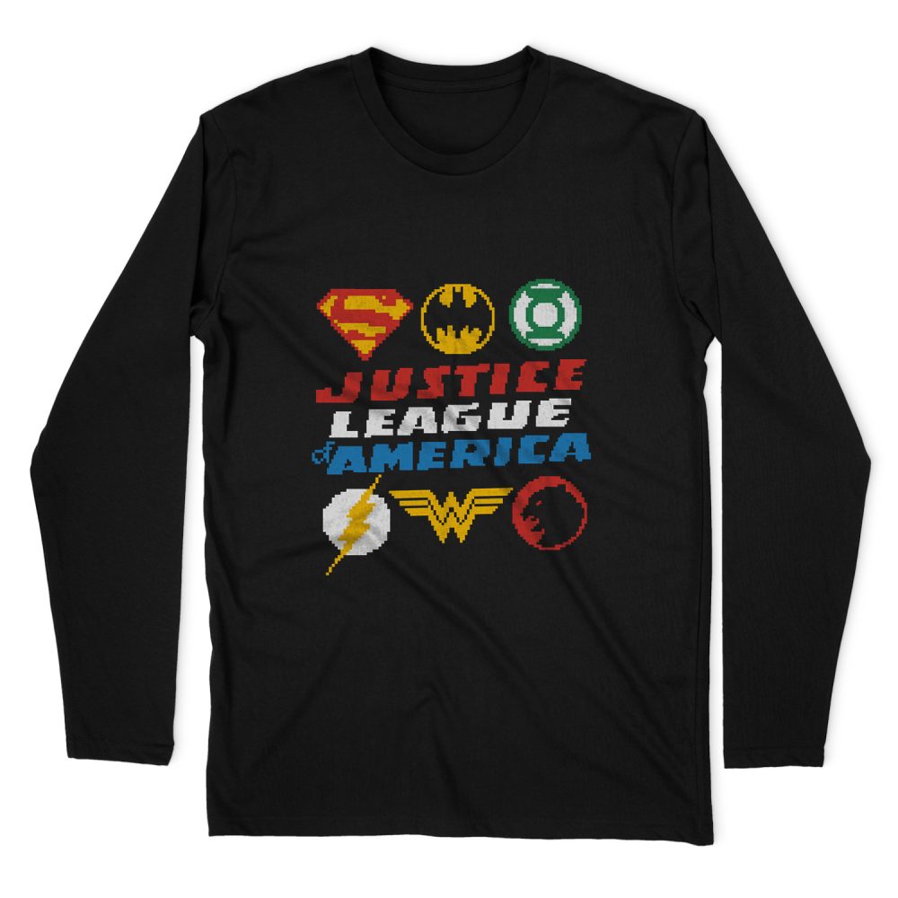 JUSTICE LEAGUE PIXEL LOGOS LONG SLEEVE T-SHIRT