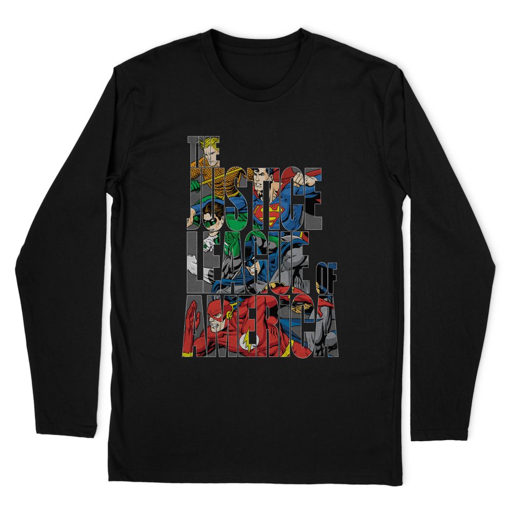 JUSTICE LEAGUE LETTERED LEAGUE LONG SLEEVE T-SHIRT