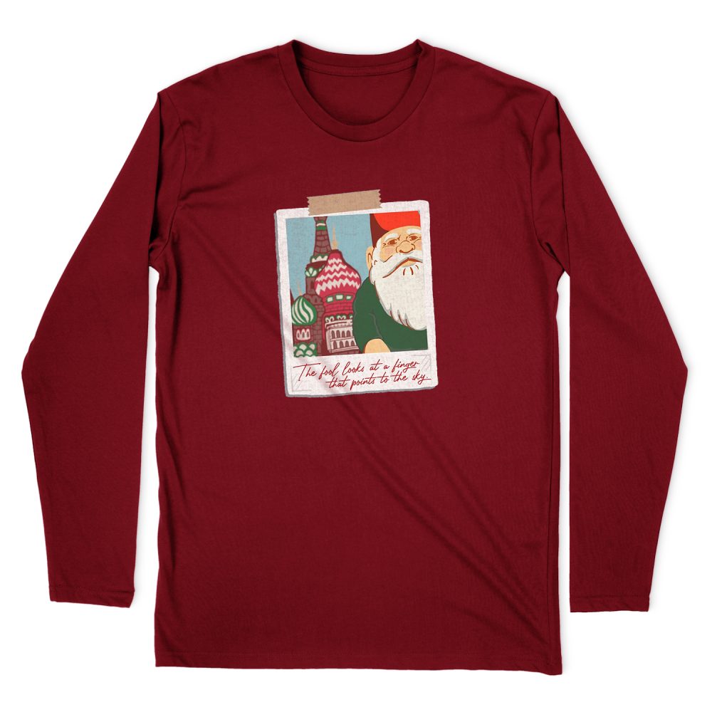 THE FOOL LOOKS AT A FINGER THAT POINTS TO THE SKY - TRAVELLING GNOME LONG SLEEVE T-SHIRT